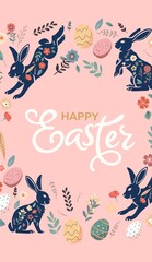 poster for stories, spring flowers and colored eggs. Vector flat illustration. Holiday banner, flyer or congratulations voucher, brochure template layout.