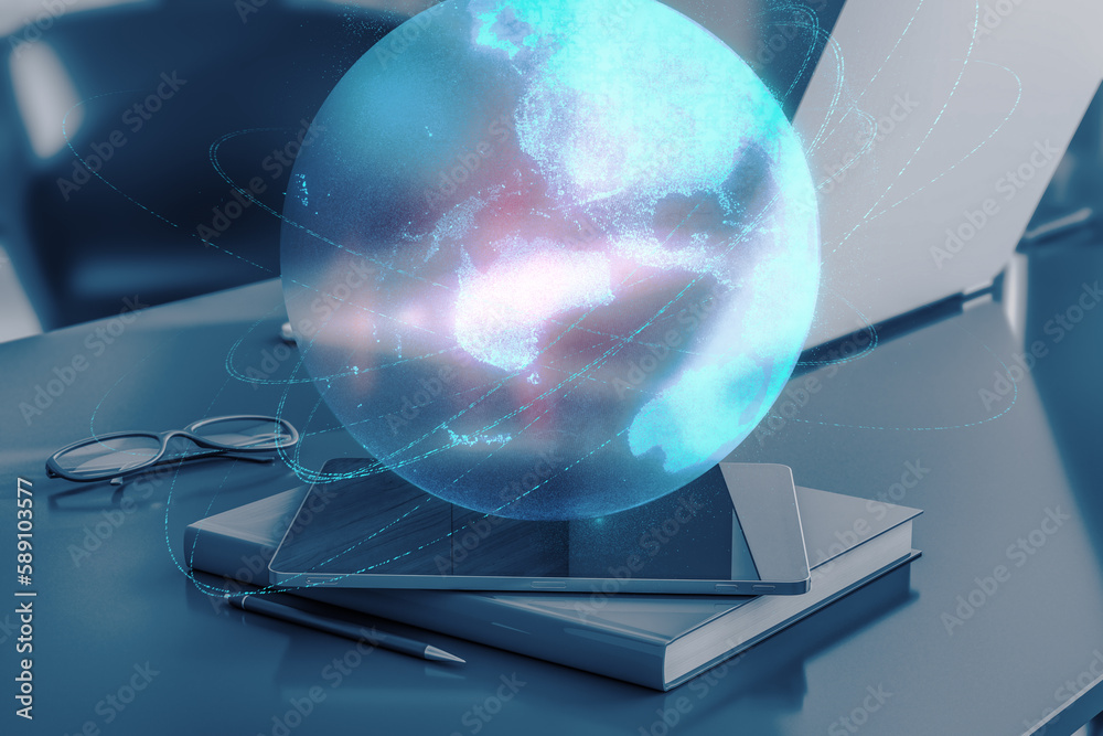 Poster Close up of tablet, glasses, and books with glowing globe and connection lines on office desktop. Digital world and technology concept. 3D Rendering.