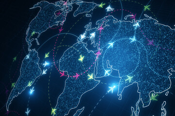 Creative glowing digital map with ariplane connections on dark backdrop. Flight routes airplanes network and global transportation interface. 3D Rendering. © Who is Danny