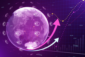 Abstract glowing globe with financial arrows and money signs on dark wallpaper. Digital world,...