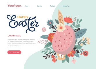 website page Happy Easter, spring flowers and colored eggs. Vector flat illustration. Holiday banner, flyer or congratulations voucher, brochure template layout.