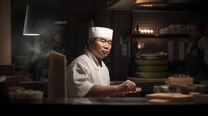 Fototapeta na wymiar Japanese Chef making sushi in a luxury restaurant with Generative AI