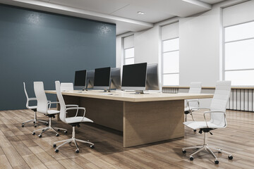 Bright concrete and wooden coworking office interior with furniture, equipment and window with daylight. 3D Rendering.