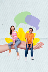 Vertical collage image of big arm palm hold two mini people sitting chatting dialogue bubble yellow...