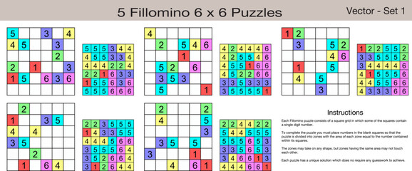 5 Fillomino 6 x 6 Puzzles. A set of scalable puzzles for kids and adults, which are ready for web use or to be compiled into a standard or large print activity book.