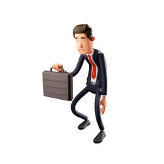 3D Illustration. 3D Cartoon Man holding a suitcase, with body hunched over, and tired facial expression. 3D Cartoon Character