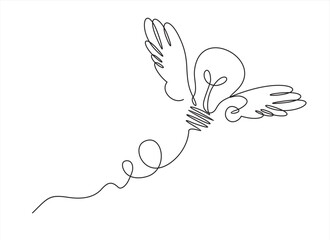 Continuous One  line drawing of light bulb with wings. Creative power concept.
