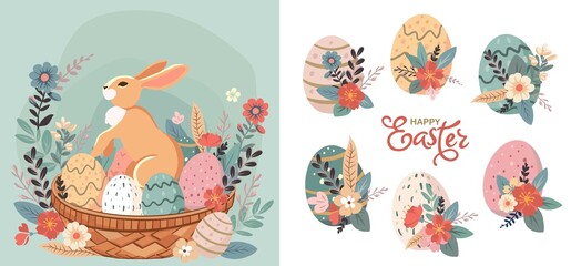 Happy Easter set of banners, greeting cards, posters, holiday covers. Trendy doodle design with typography, hand drawn strokes, dots and eggs in pastel colors. Minimalist contemporary art style.