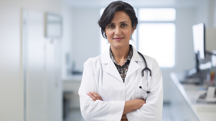 happy woman doctor examining or treating a patient In a hospital with Generative AI