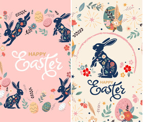 Happy Easter set of banners, greeting cards, posters, holiday covers. Trendy doodle design with typography, hand drawn strokes, dots and eggs in pastel colors. Minimalist contemporary art style.