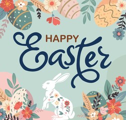 Poster with silhouettes of rabbits, spring flowers and colored eggs. Vector flat illustration. Holiday banner, flyer or congratulations voucher, brochure template layout.