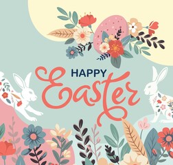 Poster with silhouettes of rabbits, spring flowers and colored eggs. Vector flat illustration. Holiday banner, flyer or congratulations voucher, brochure template layout.