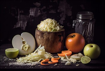 Sauerkraut, Shredded cabbage, apples, and carrots on dark rustic background, Fermented Food, Healthy Eating. Generative AI