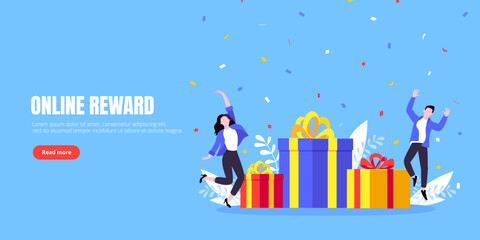 Get online reward and gifts, earn loyalty program points. Get loyalty card and customer service business concept flat design vector illustration. Tiny people with big gift boxes.