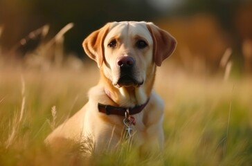 Golden labrador retriever dog sits in the grass outdoor under sunlight. Generative AI.