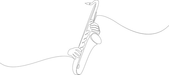 Continuous line abstract drawing of hands playing trumpet instrument jazz. Minimalist style vector illustration.