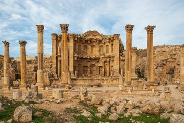 Jordan. Monumental two-tiered fountain of 2nd century AD. - Nymphaeum. Fountain is one of best preserved places of Gerasa. Gerasa (Jerash) is ancient city that is six and half thousand years old.