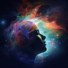 State of mind and dream concept. Beautiful woman face silhouette in space background. Abstract dream or sleep state of mind interpretation and visualization. Generative AI