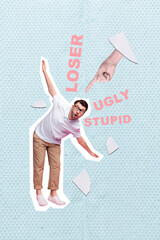 Vertical collage picture of big arm finger point mini impressed guy hateful words loser ugly stupid...
