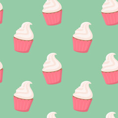 Seamless pattern of sweet delicious cupcakes with cream on a light green background. Vector illustration of dessert in a flat style.