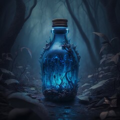 Magic potion in a bottle in the forest. Halloween concept. Generative AI