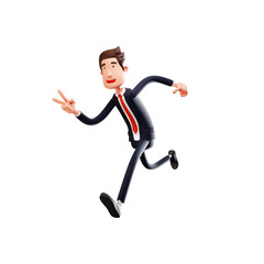 3D illustration. 3D cartoon man drawing illustration walking, showing two fingers, showing happy smile expression. 3D Cartoon Character