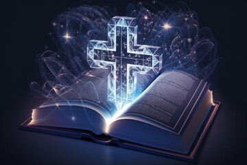 Open book with glowing cross on dark background. Religion concept. Generative AI