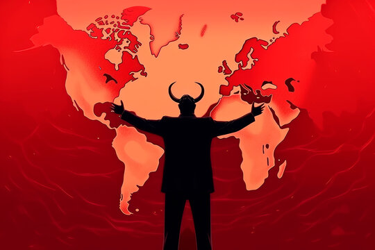 A devil stands with his hands spread out in front of a map of the world and imagines he is the ruler of the world. Generative AI.