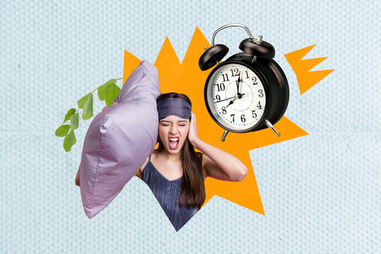 Creative collage picture of angry yelling girl hold pillow cover ear big bell ring alarm clock isolated on creative background