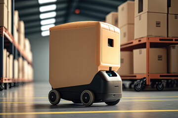 Mobile robot in a warehouse. Automated retail warehouse AGV robot in distribution logistics center. Automated guided vehicles packages. AI generative.