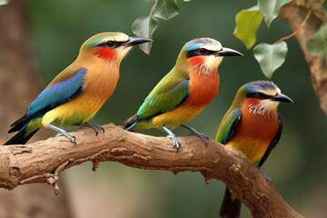 Fototapeta premium Colorful exotic birds on branch. Digital ai art