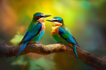 Fototapeta premium Colorful exotic birds on branch. Digital ai art