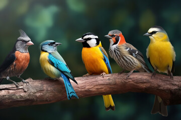 Fototapeta na wymiar Colorful exotic birds on branch. Digital ai art