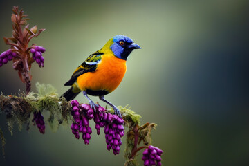 Fototapeta premium Colorful exotic bird on branch. Digital ai art