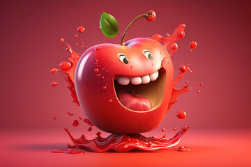 Cartoon smiling, crazy red apple with juice splash liquid juice on red background, fruit selection characters AI Generative