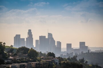 Fototapeta na wymiar Aerial view of the beautiful Los Angeles skyline in the morning fog