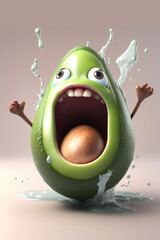 Cartoon scared crazy  avocado with oil splash on brown background, fruit selection characters AI Generative