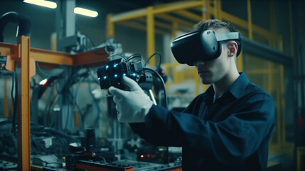 wearing virtual reality headset uses VR technology checking and control automation robot arms machine. Generative AI.