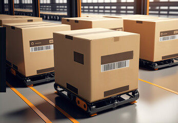 Mobile robot transporting a box in a warehouse. Automated retail warehouse AGV robots delivering cardboard boxes in distribution logistics center. Automated guided vehicles packages. AI generative.