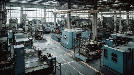 well equipped factory floor warehouse machinery and equ. Generative AI.