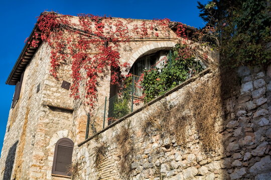 trevi, italien - altes steinhaus mit mauer und efeu