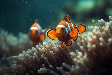 Naklejka na ściany i meble Illustration of an anemone with two vibrant clownfish swimming in an aquarium created with Generative AI technology