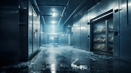 Refrigerator room : Factory style cold room ice Fresh food immersion. Generative AI.