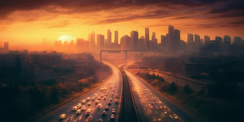 Vlies Fototapete Orange Overcrowded highway leading to metropolis at sunset. Rush Hour to the City. Generative AI