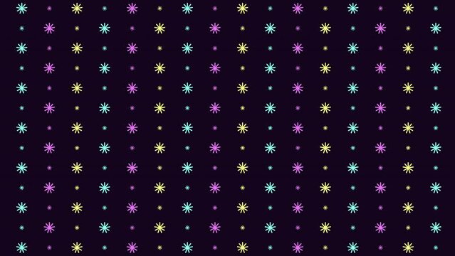 Rainbow digital snowflakes pattern in night sky, motion abstract holidays, winter and futuristic style background