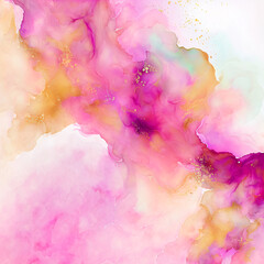 A vivid and creative abstract background featuring a soft mix of alcohol ink, watercolor paint, and brush splashes in various pink and fluid textures.