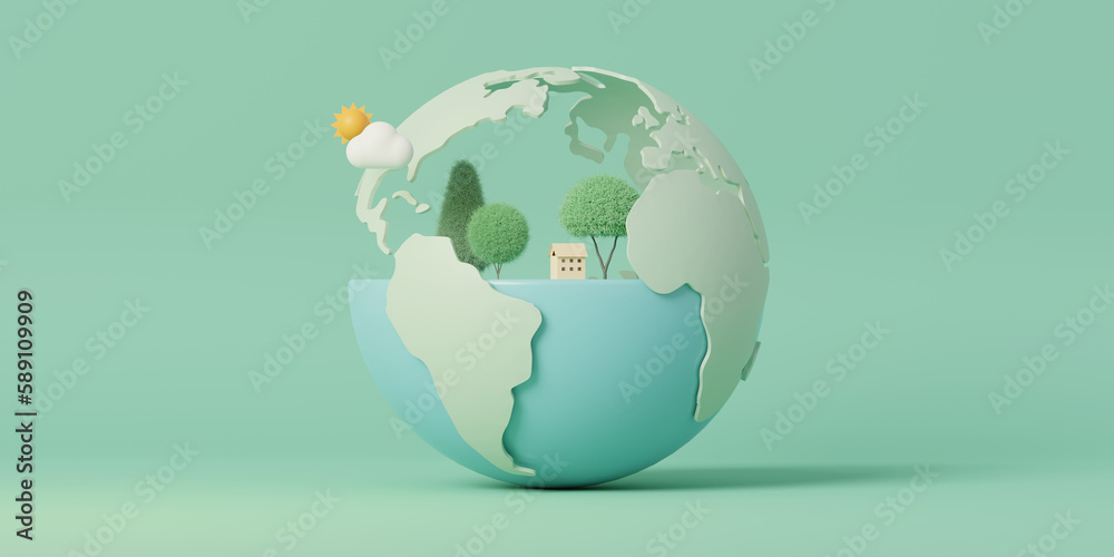 Poster 3d green earth on pastel color background. green eco friendly and environment concept.minimal scene 