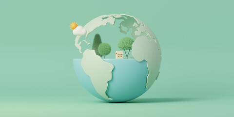 Obraz premium 3D green earth on pastel color background. Green eco friendly and environment concept.Minimal scene for mockup design. 3D rendering illustration.