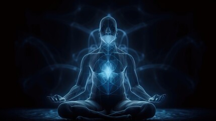 Human meditate in lotus pose with blue energy flow through his body. Transcendental yoga or prayer. Generative AI