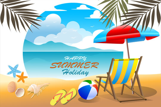  illustration flat style happy summer holiday  background of sea shore. Good sunny day. Deck chair and beach umbrella on the sand coast. holiday concept